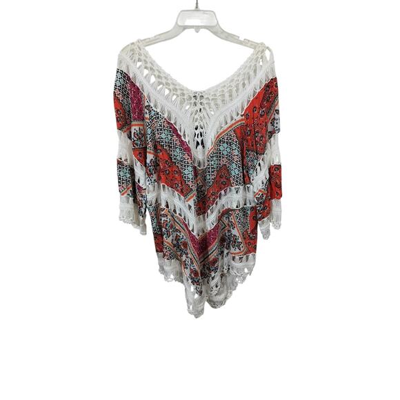 4113) Vivid Mix Print Crocheted Boho V Neck Tunic Hollow out Cover Up Size 3X - Picture 4 of 9